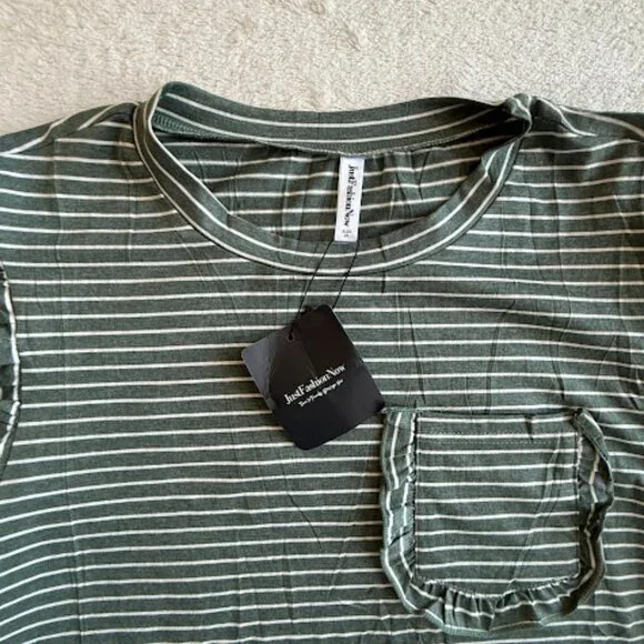NWT Olive Green Striped Ruffle Sleeve Tee Womens Casual Pocket Top Size M - Picture 6 of 13